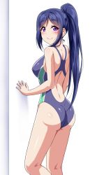 Rule 34 | 10s, 1girl, ass, back cutout, bare shoulders, blue hair, blush, breasts, clothing cutout, commentary request, long hair, looking at viewer, looking back, love live!, love live! school idol festival, love live! sunshine!!, matsuura kanan, medium breasts, one-piece swimsuit, ponytail, purple eyes, smile, solo, standing, swimsuit, white background, yopparai oni