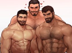 Rule 34 | 3boys, :d, abs, arm hair, bara, beard, chest hair, dark-skinned male, dark skin, dopey (dopq), facial hair, hairy, heart, large pectorals, looking at viewer, male focus, male harem, mature male, multiple boys, muscular, muscular male, mustache, navel, navel hair, nipples, nude, one eye closed, open mouth, original, pectorals, raised eyebrow, seductive smile, short hair, size difference, smile, stomach, take your pick, thick eyebrows, upper body