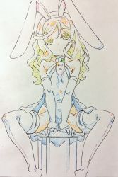 Rule 34 | 1girl, animal ears, armpits, boots, rabbit ears, cape, carrot, chair, covered navel, elbow gloves, food-themed ornament, gloves, hairband, leotard, looking at viewer, makenai-chan, original, sharekoube, sitting, sleeveless, thigh boots, thighhighs, traditional media, wavy hair