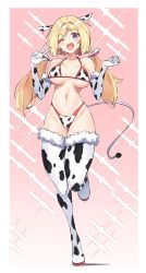 Rule 34 | 1girl, ;d, absurdres, aki rosenthal, animal ears, animal print, bikini, blonde hair, blue eyes, blush, breasts, collarbone, cow ears, cow print, cow tail, elbow gloves, fake animal ears, full body, fur-trimmed legwear, fur trim, gloves, gradient background, highres, hololive, large breasts, long hair, looking at viewer, low twintails, navel, one eye closed, open mouth, pink background, smile, solo, sparkle background, standing, standing on one leg, swimsuit, tail, teeth, twin (tt lsh), twintails, upper teeth only, v, virtual youtuber, white bikini, white gloves