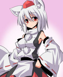 Rule 34 | 1girl, animal ears, bare shoulders, breasts, detached sleeves, female focus, gradient background, hat, inubashiri momiji, kokutou nikke, looking at viewer, red eyes, short hair, silver hair, simple background, solo, standing, tail, tokin hat, touhou, upper body, wolf ears, wolf tail