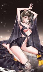 Rule 34 | 1girl, alternate costume, arknights, arm up, armpits, artist name, bare legs, black choker, black dress, black hair, breasts, choker, dress, earrings, full body, hair between eyes, jewelry, looking at viewer, magallan (arknights), multicolored background, multicolored hair, navel, reflection, reflective water, revealing clothes, ringeko-chan, short hair, sitting, solo, sparkle, thighs, wariza, yellow eyes
