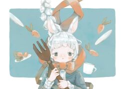 Rule 34 | 1girl, animal ear fluff, animal ears, aqua background, border, braid, carrot, chomi (xchomio), commentary, cup, english commentary, floating hair, fork, grey jacket, highres, holding, holding fork, jacket, long hair, long sleeves, looking at viewer, neck ribbon, orange ribbon, original, outside border, oversized object, parted lips, rabbit ears, rabbit girl, ribbon, saucer, solo, straight-on, teacup, upper body, white border, white hair