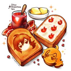Rule 34 | artist name, bread slice, butter, diluc (genshin impact), food, food focus, foodification, genshin impact, highres, jam, no humans, shadow, sparkle, still life, toast, xindi