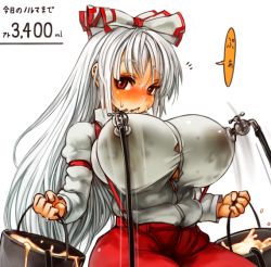 Rule 34 | 1girl, ^^^, alternate breast size, before and after, blush, breast milk, breasts, bucket, fat rolls, faucet, female focus, fujiwara no mokou, hair ribbon, holding, huge breasts, lactation, lactation through clothes, looking at viewer, milk, milking machine, nose blush, perky breasts, plump, red eyes, ribbon, sachito, solo, suspenders, touhou, white hair, wide hips, women livestock