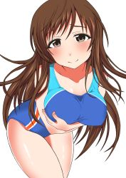 Rule 34 | 10s, 1girl, bent over, blush, breast hold, breasts, brown eyes, brown hair, collarbone, competition swimsuit, female focus, highres, idolmaster, idolmaster cinderella girls, idolmaster cinderella girls starlight stage, large breasts, leaning forward, long hair, looking at viewer, nitta minami, one-piece swimsuit, simple background, smile, solo, swimsuit, vox (daisuke-vox-1068), white background