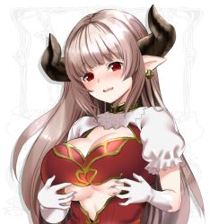 Rule 34 | 10s, 1girl, alicia (granblue fantasy), blush, breasts, center opening, cleavage cutout, clothing cutout, draph, dress, earrings, gloves, granblue fantasy, horns, jewelry, large breasts, long hair, mature female, pointy ears, puffy short sleeves, puffy sleeves, short sleeves, silver hair, solo, underboob, white gloves, yamada ichizoku