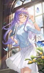 Rule 34 | 1girl, absurdres, blue shirt, breasts, bug, butterfly, chinese clothes, collared shirt, crazy ones, glasses, highres, holding, holding notebook, insect, leaning forward, long hair, long sleeves, medium breasts, notebook, official art, open mouth, pleated skirt, purple hair, qianye zhizi, shirt, skirt, solo, standing, sunlight, white skirt, window