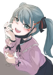 1girl bandaid ear_piercing fangs hair_ornament hatsune_miku highres jewelry jirai_kei long_hair long_sleeves looking_at_viewer mask mask_pull mouth_mask open_mouth piercing ribbon ring sfj_(bihai_chao_tian) shirt simple_background smile solo vampire_(vocaloid) vocaloid