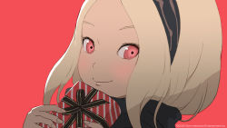 Rule 34 | 1girl, 2020, black scarf, blonde hair, blush, box, chocolate, copyright notice, dark-skinned female, dark skin, gravity daze, gravity daze 2, hairband, highres, holding, holding box, kitten (gravity daze), long hair, looking at viewer, official art, official wallpaper, pink background, portrait, red eyes, saitou shunsuke, scarf, simple background, solo, sony, valentine, wallpaper