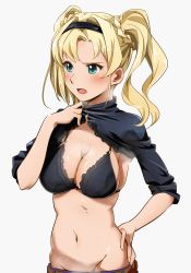 Rule 34 | 10s, 1girl, armpits, bad id, bad twitter id, black bra, blonde hair, blue eyes, blush, bra, braid, breasts, cleavage, clothes lift, granblue fantasy, groin, hand on own hip, lifted by self, long hair, navel, open mouth, shirt lift, solo, twin braids, twintails, underwear, zakki (1039), zeta (granblue fantasy)