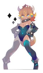 Rule 34 | 1girl, amakusa (hidorozoa), armlet, black leotard, black thighhighs, blonde hair, blue eyes, blue thighhighs, bowsette, bracelet, breasts, bright pupils, claws, cleavage, collar, crown, drooling, earrings, full body, hands on own hips, highres, horns, jewelry, large breasts, legs, legs apart, leotard, looking at viewer, mario (series), new super mario bros. u deluxe, nintendo, ponytail, saliva, sharp teeth, simple background, solo, spiked armlet, spiked bracelet, spiked collar, spikes, standing, super crown, teeth, thick eyebrows, thighhighs, white background