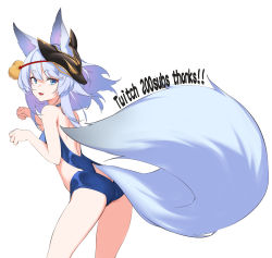 Rule 34 | 1girl, :d, animal ears, ass, bell, blue eyes, blue hair, blue one-piece swimsuit, breasts, clothing cutout, fang, fox ears, fox tail, from side, highres, jingle bell, leaning forward, light blue hair, long hair, mask, mask on head, ninsaki (9saki), one-piece swimsuit, open mouth, original, paw pose, short eyebrows, simple background, skin fang, small breasts, smile, solo, swimsuit, tail, tail through clothes, thank you, twitch.tv, virtual youtuber, white background