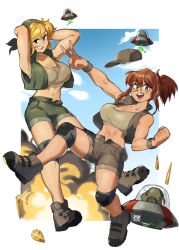 Rule 34 | 2girls, alien, arms behind head, arms up, artist name, bandana, baseball cap, blonde hair, breasts, brown eyes, brown footwear, brown hair, brown headwear, brown shorts, bullet, cleavage, crop top, dated, fio germi, flying saucer, glasses, green bandana, hat, highres, kasamoto eri, knee pads, large breasts, looking at viewer, mars people, metal slug, multiple girls, navel, open clothes, open mouth, open vest, round eyewear, shoes, short shorts, shorts, signature, smile, snowcie, spacecraft, tank top, ufo, vest, white tank top