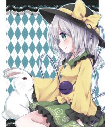 Rule 34 | 1girl, :&lt;, animal, argyle, argyle background, argyle clothes, black hat, bow, bowler hat, buttons, closed mouth, collar, frilled collar, frilled shirt collar, frilled skirt, frilled sleeves, frills, fur, green eyes, green skirt, hat, hat bow, headpat, komeiji koishi, long sleeves, profile, rabbit, shirt, silver hair, simple background, sitting, skirt, smile, solo, string, touhou, yellow bow, yellow shirt, yuria (kittyluv)