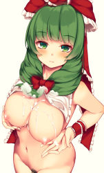 Rule 34 | 1girl, blunt bangs, blush, bow, breasts, censored, closed mouth, collarbone, commentary request, cowboy shot, cum, cum on body, cum on breasts, cum on upper body, eyelashes, female pubic hair, frilled ribbon, frills, front ponytail, green eyes, green hair, groin, hair bow, hair ribbon, highres, kagiyama hina, large breasts, long hair, looking at viewer, maremay0513, mosaic censoring, navel, nipples, nude, pubic hair, red bow, red ribbon, ribbon, sidelocks, solo, standing, stomach, touhou, wrist ribbon
