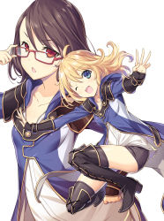 Rule 34 | 2girls, ;d, absurdres, adjusting eyewear, advanced magic academy school uniform, ahoge, alice corner, black footwear, black hair, black legwear, blonde hair, blue eyes, boots, breasts, collarbone, cross-laced footwear, curly hair, glasses, hair between eyes, hand on own hip, highres, kenja no mago, kikuchi seiji, lace-up boots, long sleeves, looking at viewer, lynn hughes, multiple girls, novel illustration, official art, one eye closed, on one knee, open mouth, outstretched arms, red-framed eyewear, red eyes, school uniform, shorts, simple background, small breasts, smile, teeth, textless version, thigh boots, thighhighs, upper teeth only, white background