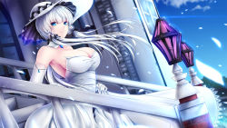 Rule 34 | 1girl, akeyama kitsune, azur lane, blue eyes, breasts, collarbone, day, dress, elbow gloves, gloves, hat, highres, illustrious (azur lane), jewelry, large breasts, looking at viewer, low twintails, mole, mole under eye, outdoors, sky, sun hat, twintails, white dress, white gloves, white hair