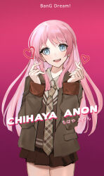 Rule 34 | 1girl, absurdres, bang dream!, bang dream! it&#039;s mygo!!!!!, brown jacket, brown necktie, brown shirt, brown skirt, brown vest, character name, chihaya anon, chinese commentary, collared shirt, commentary, cowboy shot, double finger heart, dress shirt, fang, finger heart, gradient background, grey eyes, hands up, head tilt, highres, jacket, long hair, long sleeves, looking at viewer, necktie, open clothes, open jacket, open mouth, pink hair, pleated skirt, purple background, shirt, skirt, solo, teeth, translated, upper teeth only, vest, yaxiya