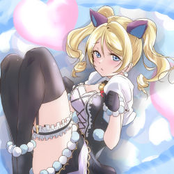 Rule 34 | 1girl, animal ears, ayase eli, bell, black gloves, black thighhighs, blonde hair, blue eyes, breasts, cat ears, cleavage, collar, earrings, floating hair, from above, garter straps, gloves, hair between eyes, heart, jewelry, long hair, looking at viewer, love live!, love live! school idol festival, love live! school idol project, lying, medium breasts, miniskirt, neck bell, on side, open mouth, skirt, solo, thigh strap, thighhighs, twintails, urutsu sahari
