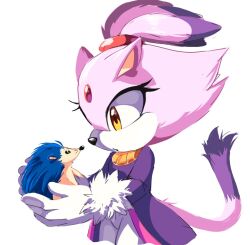 Rule 34 | 1boy, 1girl, animal, animal ears, animalization, bad id, bad twitter id, blaze the cat, blue fur, cat ears, cat girl, cat tail, eyelashes, forehead jewel, fur-trimmed gloves, fur trim, furry, furry female, gloves, gold necklace, hedgehog, hedgehog ears, highres, holding, holding animal, jacket, jewelry, mikune19, necklace, pants, ponytail, purple fur, purple jacket, simple background, sonic (series), sonic the hedgehog, tail, white background, white gloves, white pants, yellow eyes