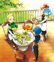 Rule 34 | 3boys, apron, biscuit (bread), blue hair, book, bow, bowtie, brown footwear, chair, chili (pokemon), cilan (pokemon), commentary request, creatures (company), cress (pokemon), cup, game freak, gen 5 pokemon, graphite (medium), green eyes, green hair, holding, holding tray, kurochiroko, long sleeves, multiple boys, nintendo, on chair, on lap, on shoulder, open mouth, panpour, pansage, pansear, pants, pokemon, pokemon (creature), pokemon bw, pokemon on lap, pokemon on shoulder, red hair, saucer, shoes, table, tongue, traditional bowtie, traditional media, tray, vest, waist apron