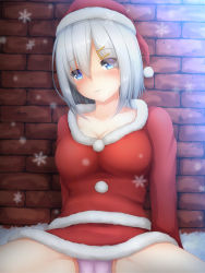 Rule 34 | 10s, 1girl, alternate costume, arm support, blue eyes, blue panties, blush, breasts, brick wall, cameltoe, christmas, female focus, gengodou, hair ornament, hair over one eye, hairclip, hamakaze (kancolle), hat, highres, kantai collection, large breasts, looking at another, looking at viewer, miniskirt, panties, pantyshot, santa costume, santa hat, short hair, silver hair, sitting, skirt, solo, tapisuke, underwear