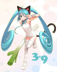 Rule 34 | 1girl, 39, ahoge, animal ear headphones, animal ears, aqua eyes, aqua hair, bad id, bad pixiv id, boots, cat ear headphones, cat ears, cat tail, fake animal ears, flat chest, fujishiro touma, grin, hatsune miku, headphones, highres, long hair, looking at viewer, necktie, one-piece swimsuit, one eye closed, platform footwear, smile, solo, spring onion, standing, standing on one leg, striped clothes, striped thighhighs, swimsuit, tail, thigh boots, thighhighs, twintails, v, very long hair, vocaloid, white one-piece swimsuit, wink