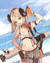 Rule 34 | 1girl, :d, absurdres, arknights, arm up, armpits, bandeau, bare arms, bare shoulders, bikini, blonde hair, blue sky, breasts, brown eyes, cleavage, cloud, commentary, cowboy shot, day, groin, hand on own hip, highres, holding, horns, ifrit (arknights), ifrit (sunburn) (arknights), looking at viewer, material growth, nail polish, navel, ocean, official alternate costume, open mouth, oripathy lesion (arknights), outdoors, pink nails, see-through, serafhin, short hair, sky, small breasts, smile, solo, spatula, standing, stomach, swimsuit, water, white bikini