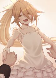 Rule 34 | 1girl, 1other, act (xadachit), arm scrunchie, blonde hair, breasts, collarbone, commentary, dress, english commentary, frilled dress, frills, girls&#039; frontline, girls&#039; frontline neural cloud, highres, holding hands, long hair, looking at viewer, open mouth, ponytail, pov, pov hands, professor (neural cloud), sleeveless, sleeveless dress, small breasts, sol (neural cloud), sundress, teeth, upper body, upper teeth only, white dress, yellow eyes