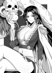 Rule 34 | 1girl, absurdres, animal, arm support, black872233196, boa hancock, breasts, cape, cleavage, closed mouth, collarbone, commentary request, crossed legs, detached sleeves, earrings, epaulettes, fangs, greyscale, hand up, highres, jewelry, large breasts, light smile, lips, long hair, long sleeves, looking at viewer, midriff, monochrome, navel, one piece, simple background, sitting, skull, smile, snake, stomach, thighs