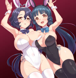 Rule 34 | 2girls, animal ears, areola slip, arm around waist, arm up, armpits, asymmetrical docking, bare shoulders, black hairband, black leotard, black thighhighs, blue bow, blue bowtie, blue hair, blunt bangs, blush, bow, bowtie, breast press, breasts, cleavage, commentary request, commission, covered navel, cowboy shot, dan (orange train), detached collar, dutch angle, fake animal ears, gradient background, groin, hair between eyes, hairband, hand on another&#039;s waist, highleg, highleg leotard, highres, idolmaster, idolmaster million live!, kitakami reika, large breasts, leotard, long hair, looking at viewer, low twintails, multiple girls, open mouth, parted lips, playboy bunny, rabbit ears, rabbit pose, raised eyebrows, red background, short hair, side-by-side, side-tie leotard, skeb commission, smile, standing, strapless, strapless leotard, sweat, thighhighs, toyokawa fuka, twintails, very long hair, wavy hair, white hairband, white leotard, white thighhighs, wrist cuffs, yellow eyes