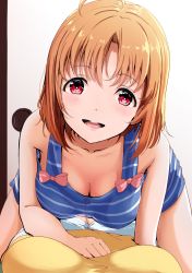 Rule 34 | 2girls, absurdres, ahoge, all fours, amagi (volfuji), blush, bow, breasts, cleavage, downblouse, female pov, girl on top, hanging breasts, head tilt, highres, indoors, large breasts, looking at viewer, love live!, love live! sunshine!!, lying, multiple girls, on back, open mouth, orange hair, pink bow, pov, red eyes, short hair, shorts, smile, striped, takami chika, watanabe you, yuri