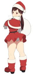 Rule 34 | 1girl, accio, ass, bag, bell, boots, brown hair, dress, gloves, las vegas (accho), original, red eyes, santa costume, short dress, smile, thick thighs, thighs, twintails