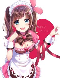 Rule 34 | 1girl, :d, alternate costume, alternate hairstyle, apron, bow, breasts, brown bow, brown hair, chocolate on body, chocolate on breasts, cleavage, dress, enmaided, frilled apron, frills, green eyes, hair ornament, hair ribbon, hairclip, happy valentine, heart, heart hair ornament, highres, kizuna ai, kizuna ai inc., maid, maid headdress, medium breasts, multicolored hair, omelet tomato, open mouth, pink dress, pink hair, pink ribbon, pleated dress, red ribbon, ribbon, round teeth, smile, solo, streaked hair, striped, striped bow, teeth, twintails, upper teeth only, valentine, virtual youtuber, waist apron, white apron, white background, wrist cuffs