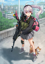 Rule 34 | 1girl, adidas, ahoge, ak-74m, animal, assault rifle, bag, blazer, building, cat, cellphone, cellphone charm, chain-link fence, charm (object), church, city, day, duffel bag, eotech, fence, gloves, gun, gun sling, hand up, headset, jacket, kalashnikov rifle, knee pads, kws, light brown hair, long hair, looking to the side, military, muzzle device, necktie, original, parted lips, phone, pleated skirt, ponytail, red eyes, red necktie, rifle, rooftop, school uniform, shadow, shoes, signature, silver hair, skirt, sky, sneakers, solo, tree, trinkets, weapon, wind