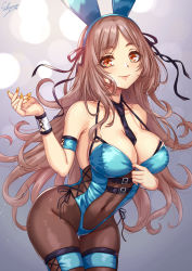 Rule 34 | 1girl, animal ears, arched back, arm strap, black necktie, blue hairband, blue leotard, blush, breasts, brown eyes, brown hair, cleavage, closed mouth, commentary, commentary request, cowboy shot, fake animal ears, hairband, highres, large breasts, leotard, lips, long hair, looking at viewer, nail polish, necktie, original, parted bangs, playboy bunny, rabbit ears, sakiyamama, signature, smile, solo, thighs, yellow nails