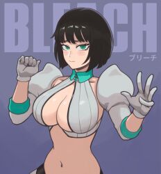 1girl black_hair bleach bleach:_sennen_kessen-hen blush breasts cleavage_cutout closed_mouth clothing_cutout cosplay female_focus fubuki_(one-punch_man) gloves green_eyes highres inoue_orihime inoue_orihime_(cosplay) large_breasts looking_at_viewer mogglebear navel one-punch_man puffy_sleeves short_hair solo upper_body white_gloves