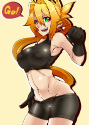 Rule 34 | 1girl, :d, abs, animal ears, armpits, bare shoulders, bike shorts, black gloves, blonde hair, breasts, clenched hand, cowboy shot, english text, covered erect nipples, gloves, green eyes, grin, groin, hair between eyes, hair intakes, kamen no hito, large breasts, long hair, looking at viewer, low ponytail, navel, open mouth, original, orinrin (kamen no hito), sleeveless, sleeveless turtleneck, smile, solo, standing, turtleneck, undershirt
