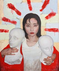 Rule 34 | 1girl, acrylic paint (medium), black hair, bust (sculpture), commentary request, expressionless, grey eyes, highres, holding, lipstick, looking at viewer, makeup, medium hair, open clothes, open robe, original, painting (medium), realistic, red lips, red robe, robe, satou t, sculpture, shirt, solo, straight-on, traditional media, upper body, white shirt