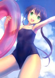 1girl :d absurdres arm_up armpits brown_hair cloud competition_school_swimsuit day female_focus from_below green_eyes highres innertube long_hair one-piece_swimsuit open_mouth original school_swimsuit sky smile solo swim_ring swimsuit takoyaki_(roast) twintails