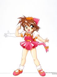 Rule 34 | 1girl, animal ears, bow, brown hair, cat ears, cat tail, chip-chan kick!, chip (chip-chan kick!), clenched hand, copyright name, copyright notice, dress, full body, hair over shoulder, highres, hirohiko yanagi, long hair, looking at viewer, official art, open mouth, orange eyes, pink footwear, puffy sleeves, short dress, short sleeves, simple background, solo, standing, tail, tail bow, tail ornament, white background