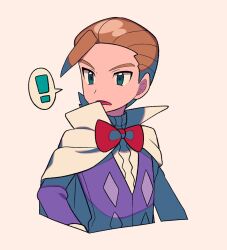 Rule 34 | !, 1boy, bow, bowtie, brown hair, cape, commentary request, creatures (company), eusine (pokemon), game freak, green eyes, jacket, looking to the side, male focus, nintendo, open mouth, pokemon, pokemon hgss, purple jacket, red bow, red bowtie, shirt, short hair, solo, spoken exclamation mark, tyako 089, upper body, white cape, white shirt