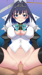 Rule 34 | 1boy, 1girl, ass, black thighhighs, blue eyes, blue hair, blush, bottomless, breasts, clenched teeth, earrings, floating headgear, hair intakes, hairband, headgear, hetero, highres, hololive, hololive english, jewelry, navel, nt00, ouro kronii, penis, puffy sleeves, pussy, sex, short hair, spread legs, teeth, testicles, thighhighs, vaginal, virtual youtuber
