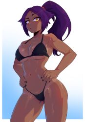 Rule 34 | 1girl, absurdres, bikini, black bikini, bleach, blue background, blush, breasts, cleavage, collarbone, dark-skinned female, dark skin, dashi (dashiart), gradient background, hands on own hips, highres, large breasts, long hair, looking at viewer, mole, mole on chest, mole on stomach, mole on thigh, navel, open mouth, ponytail, purple hair, raised eyebrow, shihouin yoruichi, solo, swimsuit, yellow eyes
