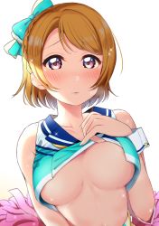 Rule 34 | 1girl, aqua bow, areola slip, bare shoulders, berisuno (beriberi0707), blush, bow, braid, breasts, breasts apart, brown hair, cheerleader, clothes lift, collarbone, commentary request, gradient background, hair bow, hair ribbon, highres, koizumi hanayo, lifting own clothes, looking at viewer, love live!, love live! school idol project, medium breasts, navel, no bra, parted lips, purple eyes, ribbon, sailor collar, shirt lift, short hair, simple background, sleeveless, solo, sparkle, sweat, underboob, upper body, white background, wrist cuffs
