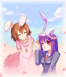 Rule 34 | 2girls, animal ears, arms behind back, blazer, brown hair, rabbit ears, carrot, carrot necklace, dress, closed eyes, female focus, flower, flower necklace, inaba tewi, jacket, jewelry, long hair, makarori, multiple girls, necklace, necktie, one eye closed, pendant, petals, pink dress, purple hair, red eyes, reisen udongein inaba, short hair, smile, touhou, wink