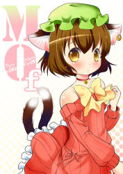 Rule 34 | 1girl, animal ears, bare shoulders, bell, blush, bow, brown hair, cat ears, cat girl, cat tail, chen, collar, collarbone, dress, earrings, female focus, gradient background, hat, jewelry, multiple tails, solo, tail, takamoto akisa, touhou, white background, yellow eyes