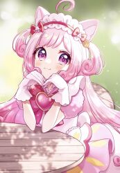 Rule 34 | 1girl, absurdres, ahoge, animal ears, blush, bow, brooch, cat ears, cat girl, commentary request, delicious party precure, dress, gloves, headdress, heart, heart brooch, highres, hikimayu, jewelry, kome-kome (precure), kome-kome (precure) (human), kuzumochi, long hair, pink bow, pink dress, pink hair, precure, puffy short sleeves, puffy sleeves, purple eyes, short sleeves, smile, solo, two side up, white gloves
