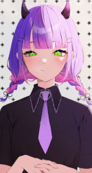 Rule 34 | 1girl, absurdres, black shirt, blunt bangs, blush, braid, closed mouth, collared shirt, demon horns, ear piercing, green eyes, hair ornament, hair ribbon, hairclip, highres, hololive, horns, ira n, long hair, looking at viewer, multicolored hair, necktie, own hands together, piercing, pink hair, purple hair, purple necktie, ribbon, shirt, simple background, solo, tokoyami towa, twin braids, twintails, two-tone hair, upper body, virtual youtuber